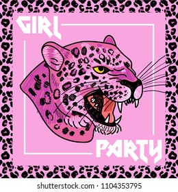 Fashion design print on clothes t shirt bomber sweatshirt also for sticker poster patch with pink wild head leopard also with frame beauty frame words "Girl Party" Modern Trendy mascot for streetwear.