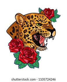 Fashion design print on clothes t shirt bomber sweatshirt also for sticker poster patch with embroidery wild angry head of leopard with red roses Modern Trendy mascot for streetwear brand.