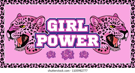 Fashion design print on clothes t shirt bomber sweatshirt also for sticker poster patch with embroidery pink leopard pattern frame roses and phrase "Girl power" Modern Trendy mascot for streetwear.
