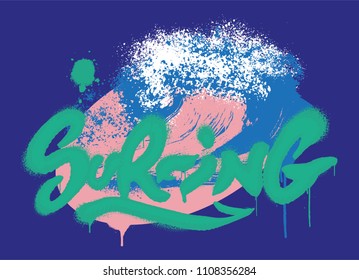 Fashion design print on clothes t shirt sweatshirt also for sticker poster on topic summer surfing with font in graffiti spray style and with big wave. Modern trendy illustration for streetwear brand.