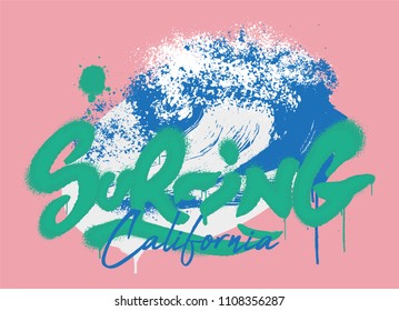 Fashion design print on clothes t shirt sweatshirt also for sticker poster on topic summer surfing with font in graffiti spray style and with big wave. Modern trendy illustration for streetwear brand.