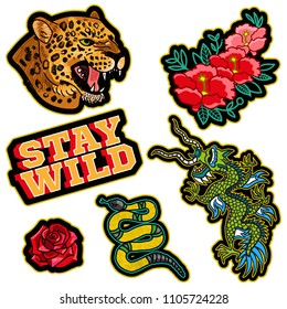 Fashion Design Print Of Patch Or Sticker For Clothes T Shirt Bomber Sweatshirt With Japan Dragon, Wild Head Of Leopard, Gold Snake, Trend Phrase, Flowers Modern Trendy Icon For Streetwear Brand.