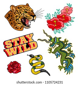 Fashion design print of patch or sticker for clothes t shirt bomber sweatshirt with Japan dragon, wild head of leopard, gold snake, trend phrase, flowers Modern Trendy icon for streetwear brand.