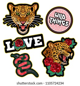 Fashion Design Print Of Patch Or Sticker For Clothes T Shirt Bomber Sweatshirt With Wild Angry Heads Of Leopard, Pink Snake, Trend Phrase, Flowers Roses Modern Trendy Icon For Streetwear Brand.