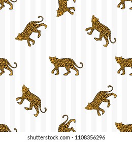 Fashion Design Print Of Seamless Pattern On Textile Clothes T Shirt Sweatshirt Poster With The Wild Animal Leopard In Full Height And Gray A Strip. Modern Trendy Illustration For Streetwear Brand.