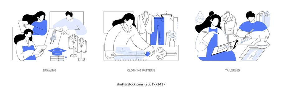 Fashion design school isolated cartoon vector illustrations set. Group of diverse students sketch new clothes, clothing pattern development, tailoring process, vocational education vector cartoon.