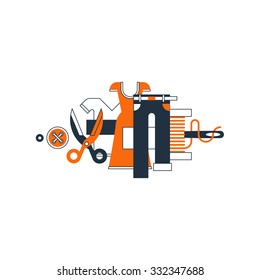 Fashion design services. Tailor shop, dress style and outfit adjustment, flat vector illustration