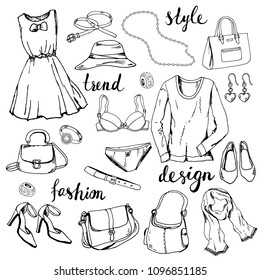 Fashion design ac?essories, set of dress, bags, jewelry, hat, shoes. Hand drawn illustration. Black and white
