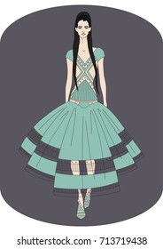 Fashion design sketch. Walking podium model in a fashion dress with long hair