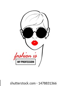 Fashion design sketch woman in style pop art. Glamour woman in black sunglasses red lips. Red mouth speed girl fashion sketch.