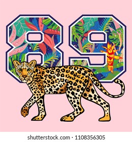 Fashion design summer print on clothes t shirt bomber sweatshirt poster sticker with number "89" and different trophic beautiful plants inside and embroidery wild leopard. Modern Trendy illustration.