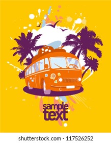 Fashion design template with retro bus and tropical view.