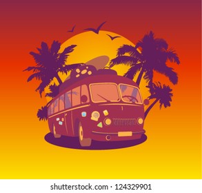Fashion design template with retro bus and tropical view.