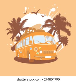 Fashion design template with retro bus and tropical view