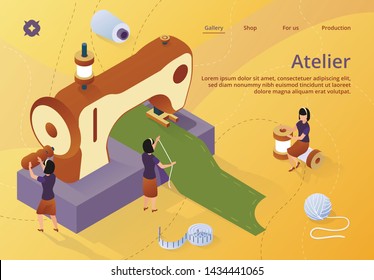 Fashion Design, Tiny Women Dressmakers Characters Create Outfit and Apparel on Giant Sewing Machine, Creative Atelier, Tailor Textile Craft Business, Industry. Isometric 3d Vector Illustration, Banner