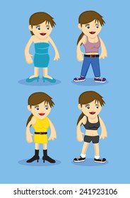 Fashion design vector illustration for cartoon woman of different roles and activities. Cute female characters isolated on blue background