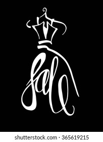 Fashion design vector illustration hand drawn. Woman dress isolated . Dress with Sale on hanger. Lettering.