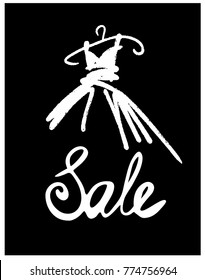 Fashion design vector illustration hand drawn. Woman dress isolated . Dress with Sale on hanger. Lettering, black and white.