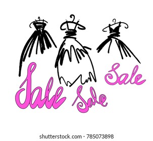 Fashion design vector illustration hand drawn. Woman dress isolated. Dress with Sale on hanger. Lettering. 