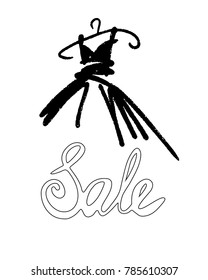 Fashion design vector illustration hand drawn. Woman dress isolated. Dress with Sale on hanger. Lettering. 