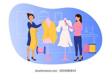 Concepto abstracto del diseñador de moda. Dos sastres mujeres cosiendo vestidos y trajes de mujeres nuevas. Ilustración vectorial de dibujos animados planos