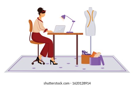 Fashion designer in atelier flat color vector illustration. Creating modern clothing with laptop. Creative job. Designing new collection in studio isolated cartoon character on white background