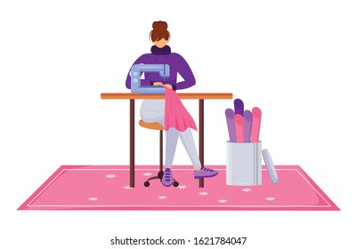 Fashion designer atelier flat color vector illustration. Assistant with sewing machine at workshop. Designing and reparing clothes in tailor studio isolated cartoon character on white background