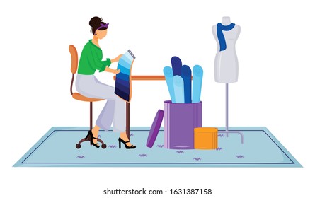 Fashion designer atelier flat color vector illustration. Choosing right color and textile at workshop. Designing clothes in tailor studio isolated cartoon character on white background