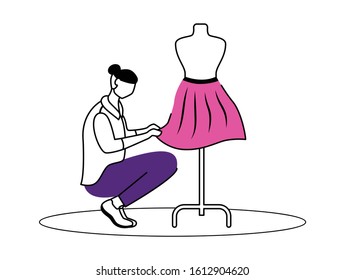 Fashion designer atelier flat contour vector illustration. Creating exclusive skirts at workshop. Designing, sewing clothes isolated cartoon outline character on white background. Simple drawing