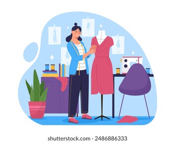 Fashion designer atelier. Woman near mannequin putting on dress. Studio and workshop. Atelier and tailor. Dressmaker with needlework. Flat vector illustration isolated on white background