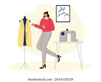 Fashion designer attaches buttons to finished sewing outerwear, craft vector illustration.