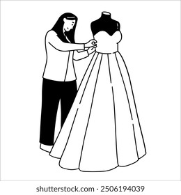 Fashion designer with bridal gown handdrawn illustration