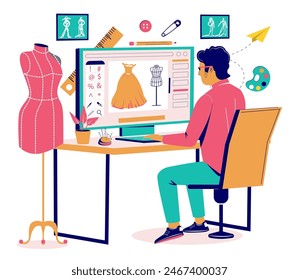 Fashion designer cartoon character working on laptop