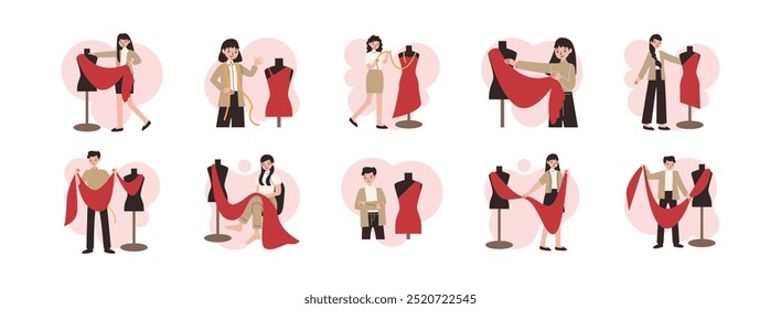 Fashion Designer Character flat illustration set. Include of designer, fashion, business, woman, and boutique. Vector illustration isolated