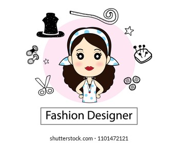 Fashion Designer character vector illustration with set icons