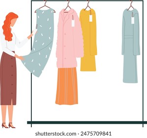 Modedesigner wählen Kleid Kollektion, stilvolle Frau arbeiten. Rothaarige Frau wählt blaues Outfit, trendige Kleidung hängt Rack. Professionelle Stylistin Kurator Kleiderschrank, Mode-Industrie