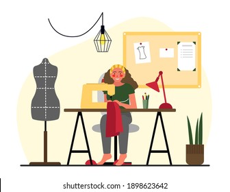 Fashion designer, designer, clothing design process. Seamstress, yellow background, flat design. Stylist. Vector illustration, concept