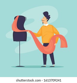 Fashion designer comes up with fashion design. Flat design vector illustration.