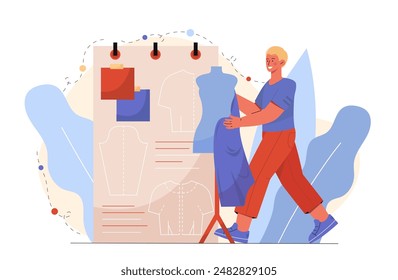 Fashion designer concept. Man near dress on mannequin. Young guy in workshop. Atelier or tailor in workshop or studio. Handcraft needlework. Cartoon vector illustration isolated on white background