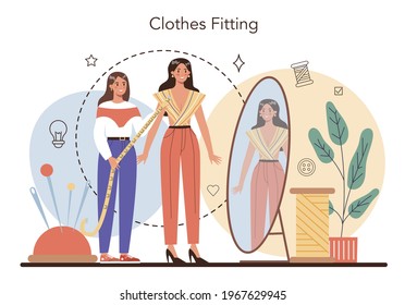 Fashion designer concept. Professional tailor sewing or fitting clothes.