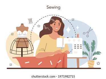 Fashion designer concept. Professional tailor sewing or fitting clothes. Dressmaker working on power sewing machine and taking measurements. Vector flat illustration