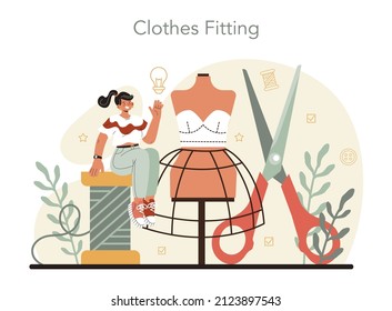 Fashion designer concept. Professional fashion tailor sewing or fitting clothes. Dressmaker working on power sewing machine and taking measurements. Vector flat illustration