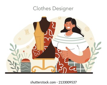 Fashion designer concept. Professional fashion tailor sewing or fitting clothes. Dressmaker working on power sewing machine and taking measurements. Vector flat illustration