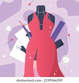 Concepto de diseño de moda. Vestido rojo con maniquí, afiche o cartel para el sitio web. Moda, estilo y tendencia. Trabajo de costura, lugar de trabajo cómodo, taller, trabajo de agujas. Dibujo vectorial plano de dibujos animados