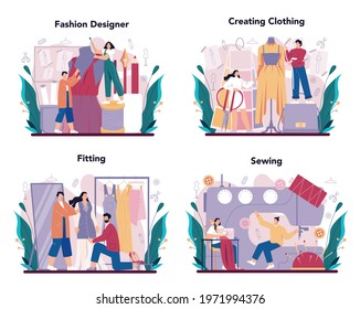 Fashion designer concept set. Professional tailor sewing or fitting clothes. Dressmaker working on power sewing machine and taking measurements. Vector flat illustration