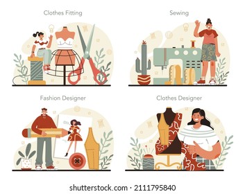 Fashion designer concept set. Professional fashion tailor sewing or fitting clothes. Dressmaker working on power sewing machine and taking measurements. Vector flat illustration