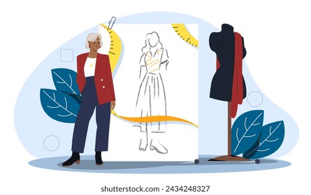 Fashion designer concept. Woman near mannequin with dress and sketch. Creativity and art. Workshop and studio. Seamstress and tailor. Cartoon flat vector illustration isolated on white background