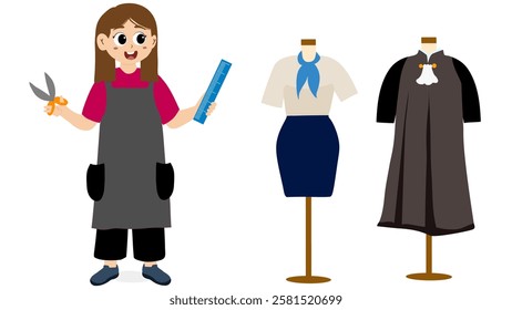 Fashion designer concept. Woman tries on red dress on mannequin. Manufacture of handmade clothing. Woman with mannequin trying on clothes. Fashion designer, tailoring concept