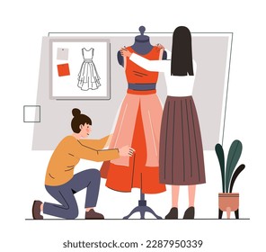 Fashion designer concept. Women try on red dress on mannequin. Atieloye and seamstress in workshop. Fashion and style. Manufacture of handmade clothes. Cartoon flat vector illustration