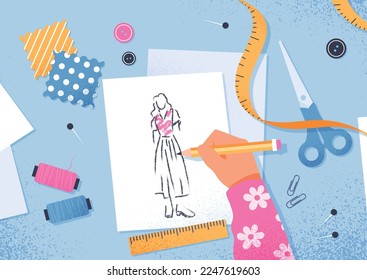 Fashion designer concept. Young girl draws sketch with pencil. Creative personality, fashion and style. Elegance and aesthetics. Atelier and tailoring metaphor. Cartoon flat vector illustration